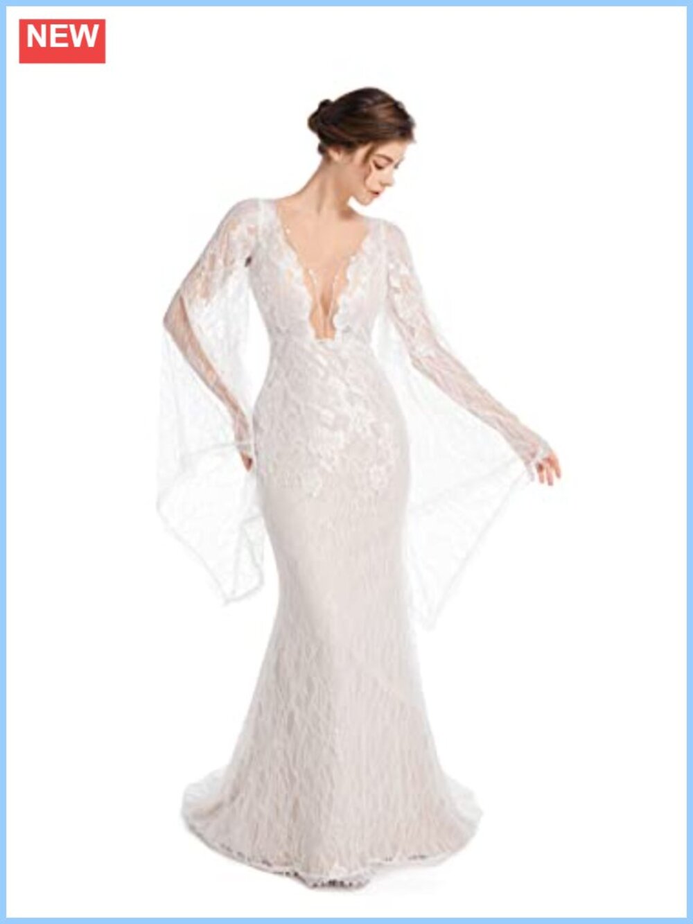 Luxury Lace Mermaid Wedding Dress with Flare Sleeves, Deep V Open Back
